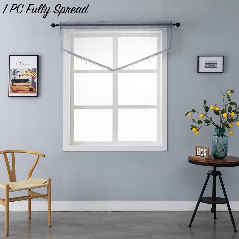 PearAge Beaded Sheer Valance Curtains for Living Room,Rod Pocket Farmhouse Window Valance, Bead Trim Tassel Voile Sheer Curtain Valance for Bedroom Bathroom Cafe 51x24 Inches (Grey) 1PC - Image 3